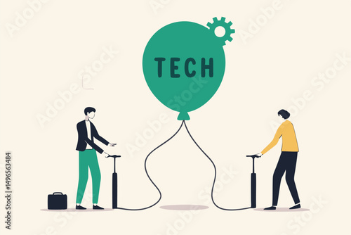 Technology or Tech stock bubble, overvalued stock causing by economic crisis and greedy investors concept, businessmen investor take risk by pumping air into ready to burst balloon with the word TECH.