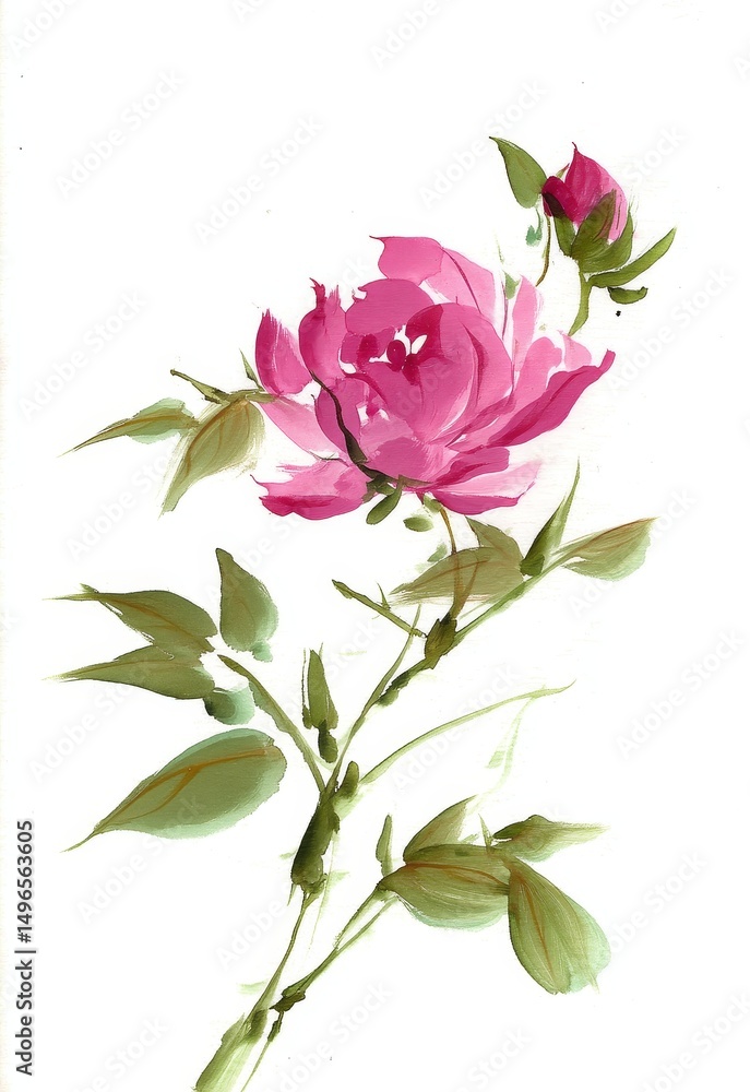 Obraz premium Watercolor Painting of a Pink Rose with Buds and Leaves