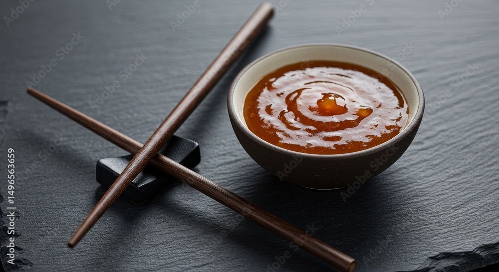Photo of Asian Sauce in a Bowl with Chopsticks Photo of Asian Sauce in a Bowl with Chopsticks