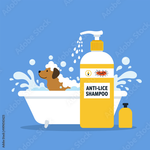 Dog Taking Bath with Anti-lice Shampoo in Bathtub Illustration