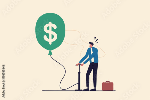 Investment bubble causing financial crisis, overvalued stock market or money inflation concept, businessman investor pumping air into big floating balloon with US Dollar money sign ready to burst.