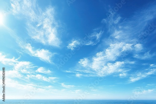 Fototapeta Naklejka Na Ścianę i Meble -  Bright blue sky with scattered wispy white clouds over calm ocean horizon during daytime
