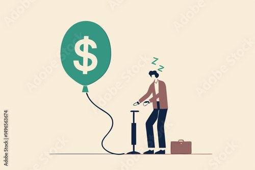 Investment bubble causing financial crisis, overvalued stock market or money inflation concept, businessman investor pumping air into big floating balloon with US Dollar money sign ready to burst.