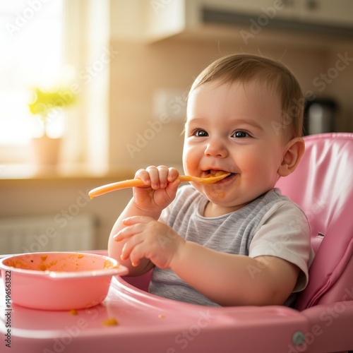 Photo of Baby Eating in Highchair with Spoon