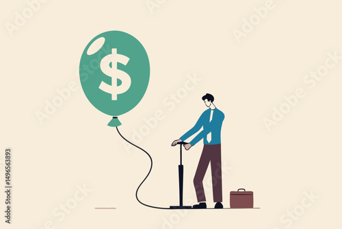Investment bubble causing financial crisis, overvalued stock market or money inflation concept, businessman investor pumping air into big floating balloon with US Dollar money sign ready to burst.
