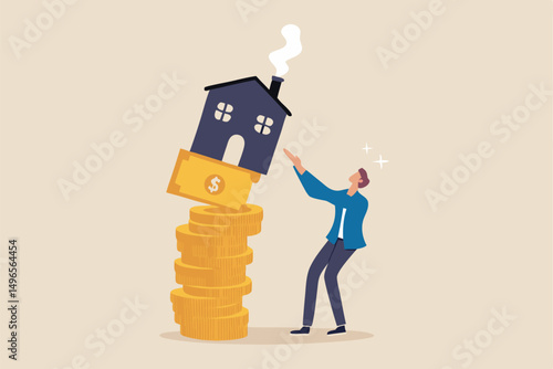 Property and housing market collapse, real estate stock risk or economic recession concept, businessman house owner or real estate agent help protect the house to fall off unstable stack of coins.