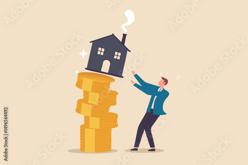 Property and housing market collapse, real estate stock risk or economic recession concept, businessman house owner or real estate agent help protect the house to fall off unstable stack of coins.