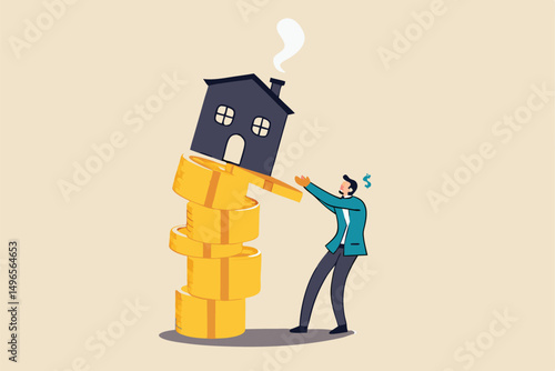 Property and housing market collapse, real estate stock risk or economic recession concept, businessman house owner or real estate agent help protect the house to fall off unstable stack of coins.