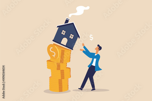 Property and housing market collapse, real estate stock risk or economic recession concept, businessman house owner or real estate agent help protect the house to fall off unstable stack of coins.
