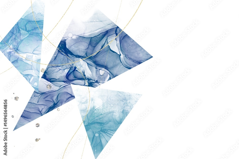 Obraz premium アルコールインクアート抽象白背景テンプレート。青い三つの三角形と金色幾何学模様 