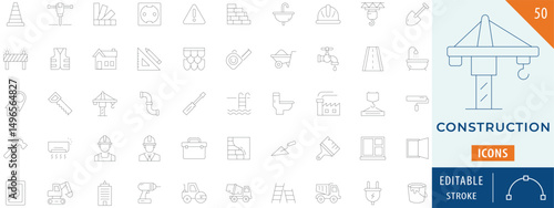 Construction icon collection set. Containing engineering, industry, manufacturing, architect, contractor, development, and more. Editable stroke.