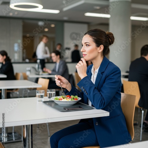 Photo of a businesswoman having a salad for lunch in office cafeteria