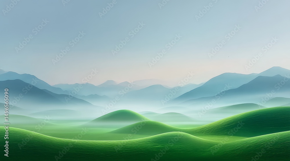 Fototapeta premium A serene landscape with rolling green hills and distant mountains shrouded in mist