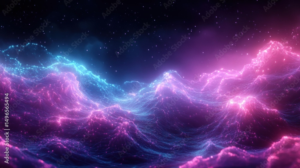 Abstract glowing neon grid lines forming wave-like mountain shapes in blue and pink colors under a starry sky, creating a futuristic and ethereal atmosphere Abstract glowing neon grid lines forming wave-like mountain shapes in blue and pink colors under a starry sky, creating a futuristic and ethereal atmosphere