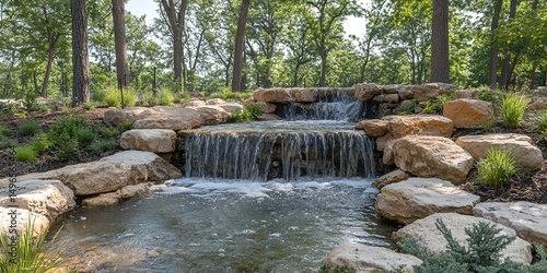 Serene Waterfall Cascading Over Rocks in a Lush Green Forest
