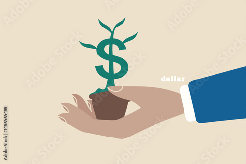 Growth stock return or dividend investment, saving and prosperity or success business achievement concept, businessman investor hand tendering hold plants pot with growing money tree with dollar sign.