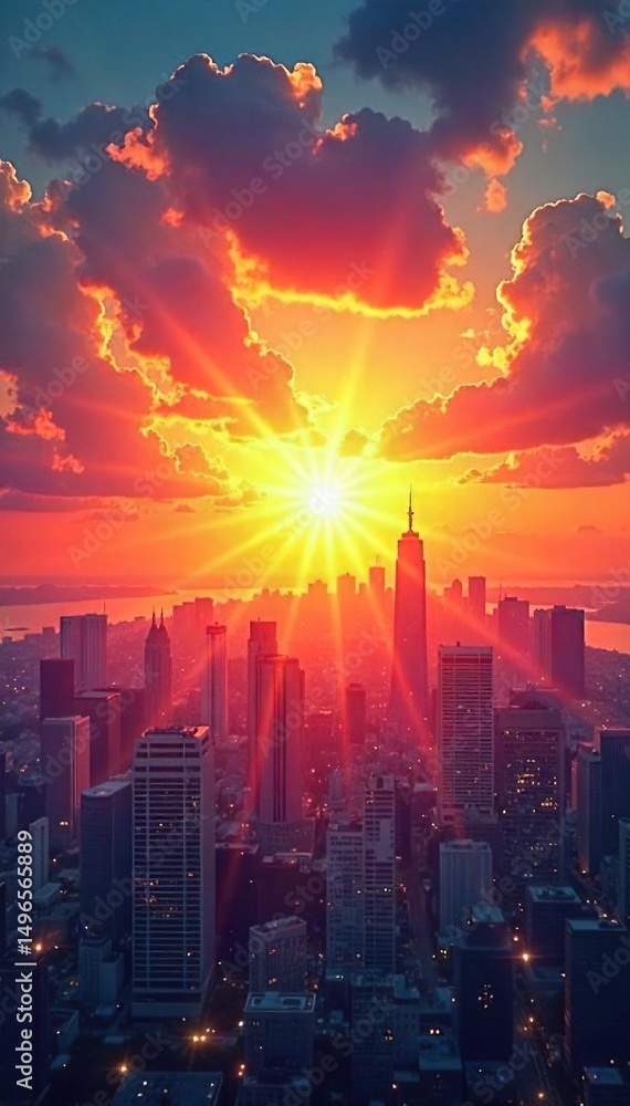 Obraz premium A vibrant sunrise over a cityscape, symbolizing optimism and the potential for growth and new beginnings; a visual representation of hope being built , growth, building