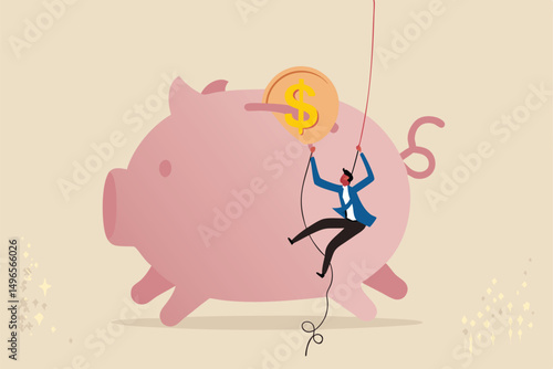 Personal finance strategy, income tax or investment target for office worker retirement concept, confidence businessman using rope to climb up pink piggy bank with golden money coin as final target.