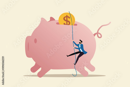 Personal finance strategy, income tax or investment target for office worker retirement concept, confidence businessman using rope to climb up pink piggy bank with golden money coin as final target.