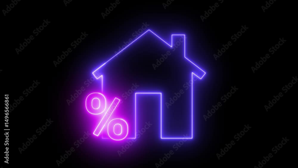 Neon animation of a house icon with a percentage sign Neon animation of a house icon with a percentage sign
