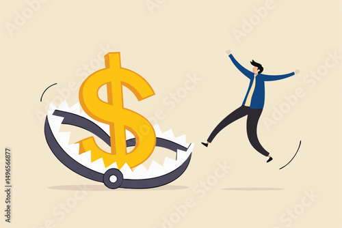 Financial money trap, risk in investment, ponzi scheme or business pitfall concept, businessman investor running and jumping into lore money pitfall or mouse trap with big money dollar sign bait.