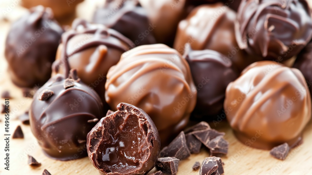 Delicious milk and dark chocolate truffles on wood Delicious milk and dark chocolate truffles on wood