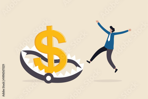 Financial money trap, risk in investment, ponzi scheme or business pitfall concept, businessman investor running and jumping into lore money pitfall or mouse trap with big money dollar sign bait.