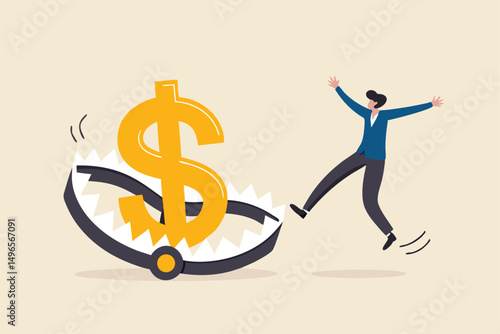 Financial money trap, risk in investment, ponzi scheme or business pitfall concept, businessman investor running and jumping into lore money pitfall or mouse trap with big money dollar sign bait.