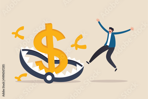 Financial money trap, risk in investment, ponzi scheme or business pitfall concept, businessman investor running and jumping into lore money pitfall or mouse trap with big money dollar sign bait.