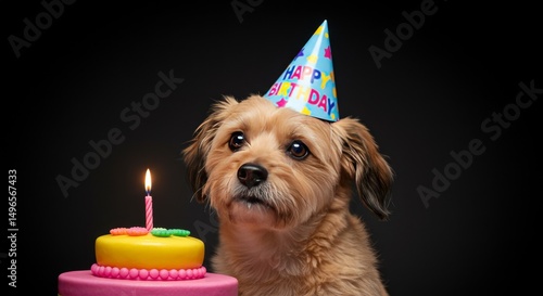Photo of Adorable Dog with Birthday Cake and Candle