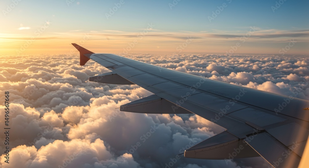 Fototapeta premium Photo of Airplane Wing Above Clouds During Sunset