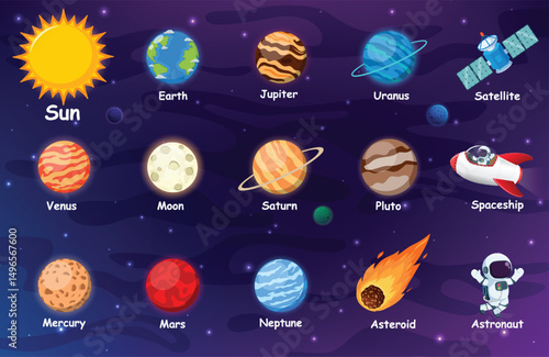 Solar system planets cartoon characters. Earth, mars, pluto, venus, mercury, neptune, uranus, and jupiter planet, isolated on galaxy space backgrounds