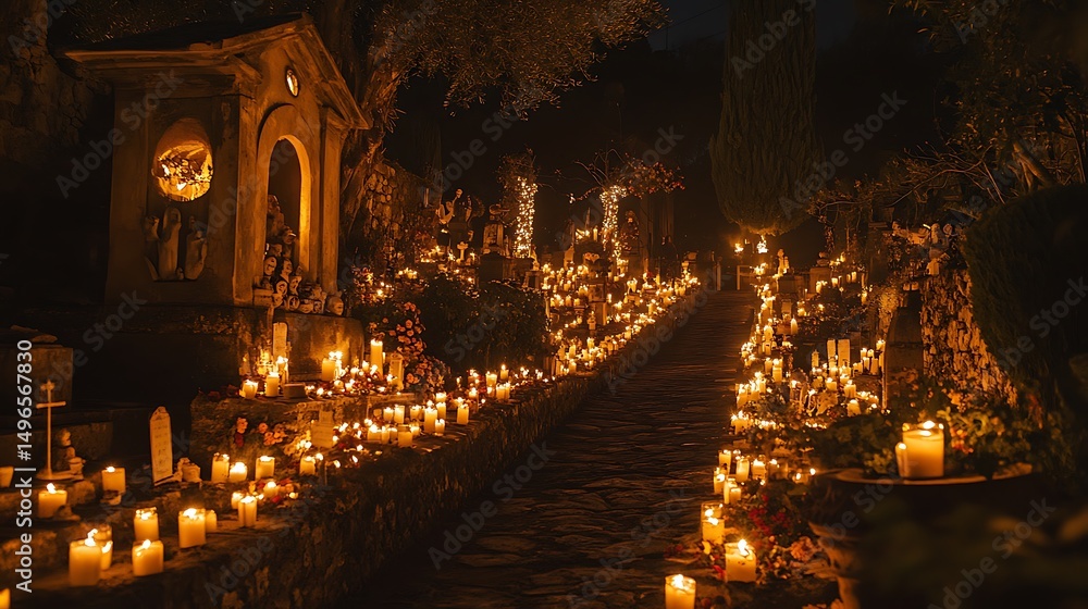 Fototapeta premium Many candles illuminate a pathway through a graveyard at night.