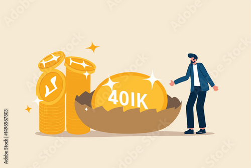 Retirement 401K investment, tax defer mutual fund for salary man financial success concept, happy young businessman investor stand with wealthy golden egg with word 401K and dollar money coin stack.