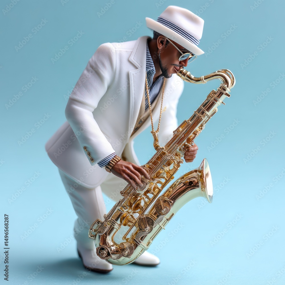 Naklejka premium Saxophonist figurine plays; blue background