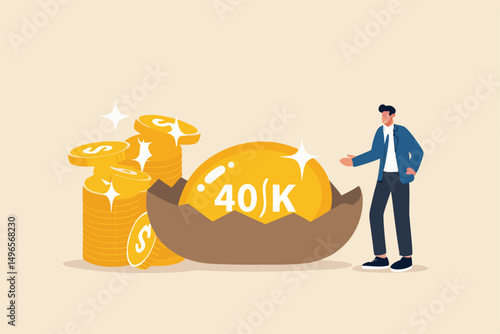 Retirement 401K investment, tax defer mutual fund for salary man financial success concept, happy young businessman investor stand with wealthy golden egg with word 401K and dollar money coin stack.