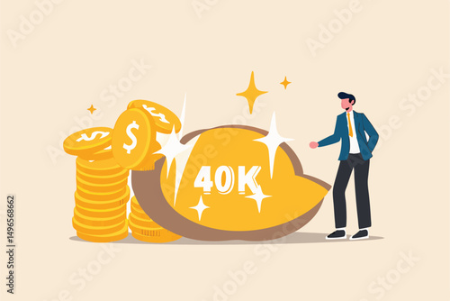 Retirement 401K investment, tax defer mutual fund for salary man financial success concept, happy young businessman investor stand with wealthy golden egg with word 401K and dollar money coin stack.