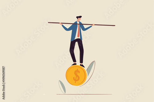 Financial and business risk, banking loan and debt risk, stability or balance of economics and investment or risk for losing job concept, businessman balancing not to fail from walking on golden coin.