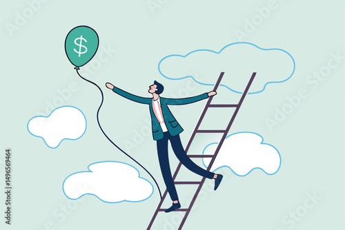 Ladder of success, achieving financial goals or investor searching for profit and investment return concept, success businessman climb up the ladder up to cloud to catching balloon with dollar money.
