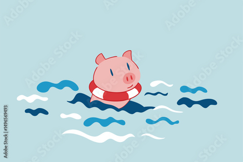 Business insurance, government helping policy in financial crisis or safety for personal savings in Coronavirus crash COVID-19 pandemic concept, hopeless pink piggy bank floating on lifebuoy in ocean.
