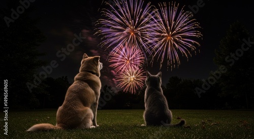 Photo of Dog and Cat Watching Fireworks Display
