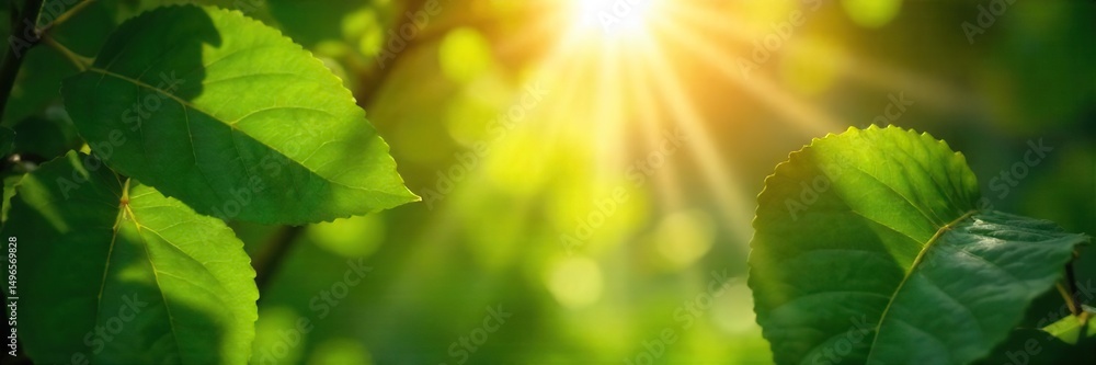 Obraz premium Sunbeams filtering through lush green leaves, illuminating a vibrant natural scene powered by solar energy Perfect for eco-friendly, renewable energy, and nature themes , foliage, growth, nature
