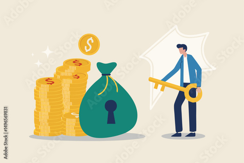 Financial key success, safe haven for investment or wealth manager to manage money concept, success businessman finance advisor holding golden key for money bag with keyhole and gold money coins stack