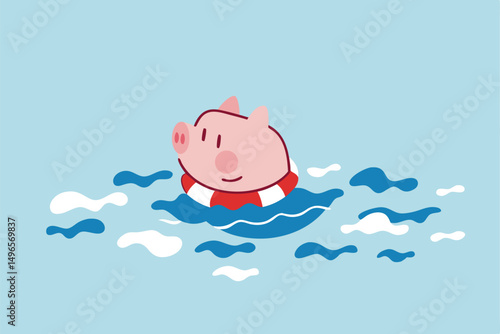 Business insurance, government helping policy in financial crisis or safety for personal savings in Coronavirus crash COVID-19 pandemic concept, hopeless pink piggy bank floating on lifebuoy in ocean.