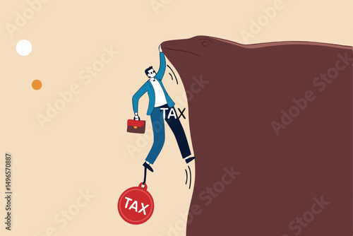 Salaryman income tax payment, government tax, debt, fee obligation to pay concept, tried depressed businessman holding briefcase holding and about to fall from cliff tied with heavy ball with text TAX
