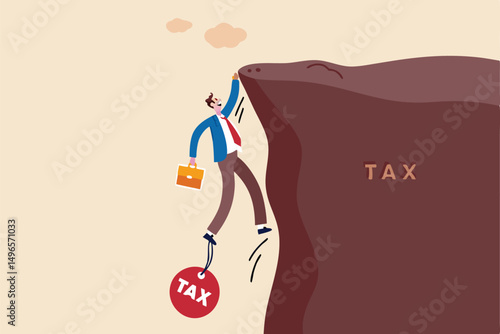 Salaryman income tax payment, government tax, debt, fee obligation to pay concept, tried depressed businessman holding briefcase holding and about to fall from cliff tied with heavy ball with text TAX