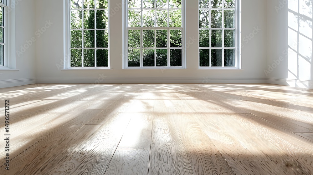 Fototapeta premium Sunlit Room with Windows and Wooden Floor