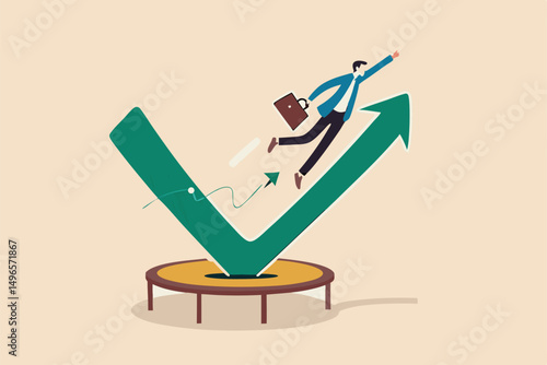 Stock market rebound, overcome business down fall and grow up profit or leadership and achievement concept, businessman jump bouncing high on trampoline with green rising up performance arrow graph.