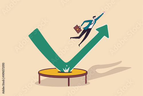 Stock market rebound, overcome business down fall and grow up profit or leadership and achievement concept, businessman jump bouncing high on trampoline with green rising up performance arrow graph.