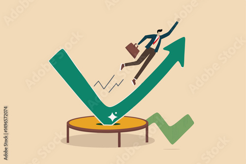 Stock market rebound, overcome business down fall and grow up profit or leadership and achievement concept, businessman jump bouncing high on trampoline with green rising up performance arrow graph.